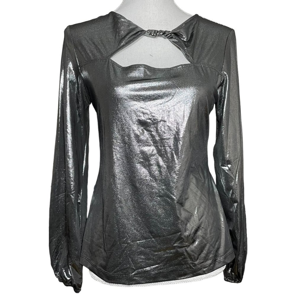 Liquid Silver Top NEW S Cutout Metallic Shiny Twist Balloon Sleeve Gray Pewter